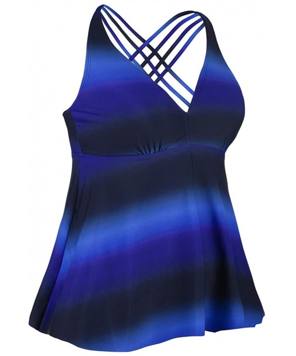 Women's Tankini Swimsuits Cross Back Flowy Swim Tops Modest Swimwear - Blue&black - C418RXCUGS7 $24.96-Tankinis