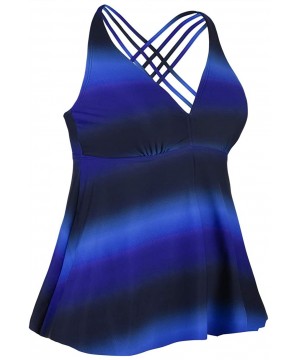 Women's Tankini Swimsuits Cross Back Flowy Swim Tops Modest Swimwear - Blue&black - C418RXCUGS7 $24.96-Tankinis