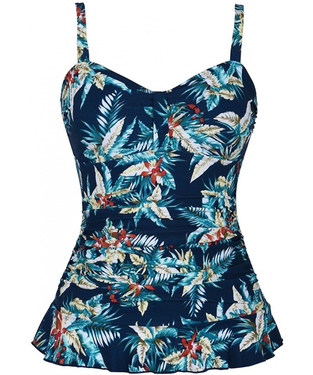 Women's Swim Top Padded Ruffle Hem Shirred Swimwear Tankini Swimsuit Top - Blue Leaves - CQ18D676WLQ $24.20-Tops