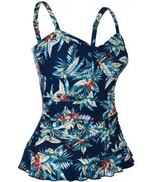 Women's Swim Top Padded Ruffle Hem Shirred Swimwear Tankini Swimsuit Top - Blue Leaves - CQ18D676WLQ $24.20-Tops