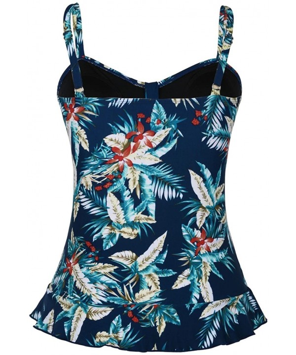 Women's Swim Top Padded Ruffle Hem Shirred Swimwear Tankini Swimsuit Top - Blue Leaves - CQ18D676WLQ $24.20-Tops