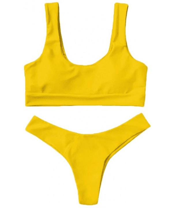 Women Sexy Swimsuit Pure Color Push-Up Padded Swimsuit Beachwear Two Piece Bikini - Yellow - CU193YE9OES $10.61-Sets