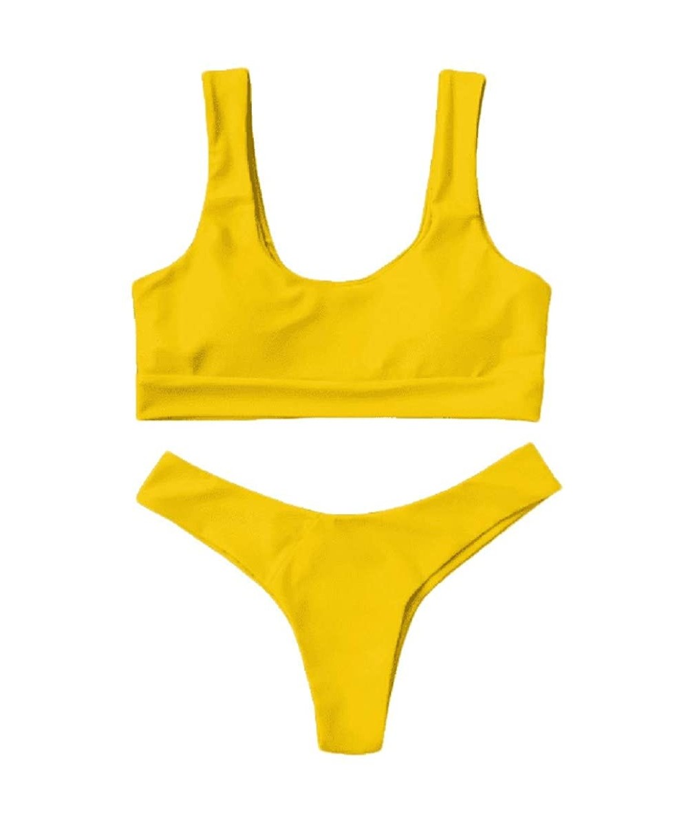 Women Sexy Swimsuit Pure Color Push-Up Padded Swimsuit Beachwear Two Piece Bikini - Yellow - CU193YE9OES $10.61-Sets