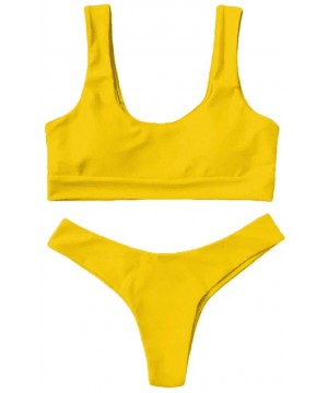 Women Sexy Swimsuit Pure Color Push-Up Padded Swimsuit Beachwear Two Piece Bikini - Yellow - CU193YE9OES $10.61-Sets