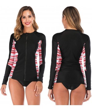 Women's Long Sleeve Swimsuit Zipper Swimwear Swim Surf Shirt Rash Guard Top 2 Pieces Tankinis Set Bathing Suit - Red Geometri...