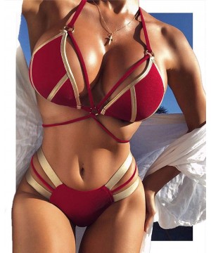 Women's 2 Piece Sexy Swimsuits Off Shoulder Triangle Bikini Set Thong Brazilian - Red - C918RQ7YMRH $16.44-Sets