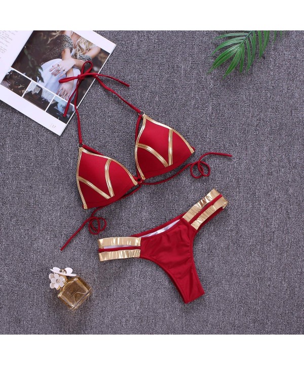 Women's 2 Piece Sexy Swimsuits Off Shoulder Triangle Bikini Set Thong Brazilian - Red - C918RQ7YMRH $16.44-Sets