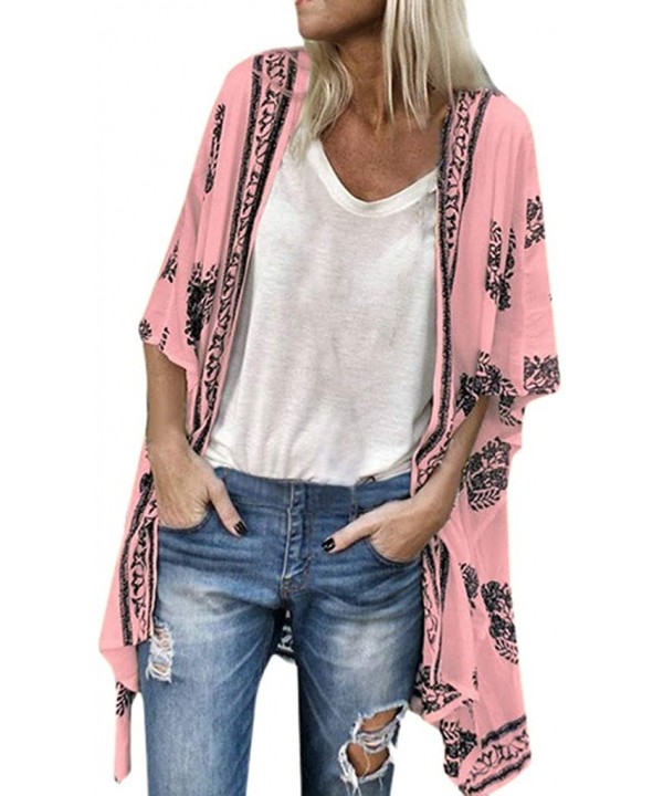 Womens Kimono Cardigan- Boho Loose Half Sleeve Cover Up Smock Tops Blouses - Pink - CY18TQH48S3 $15.15-Cover-Ups