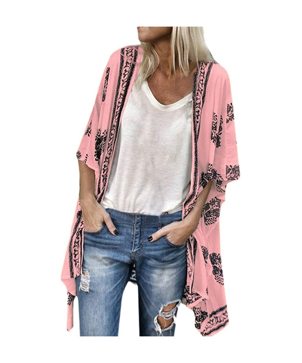 Womens Kimono Cardigan- Boho Loose Half Sleeve Cover Up Smock Tops Blouses - Pink - CY18TQH48S3 $15.15-Cover-Ups