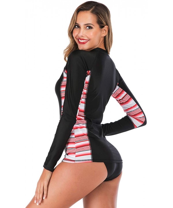 Women's Long Sleeve Swimsuit Zipper Swimwear Swim Surf Shirt Rash Guard Top 2 Pieces Tankinis Set Bathing Suit - Red Geometri...