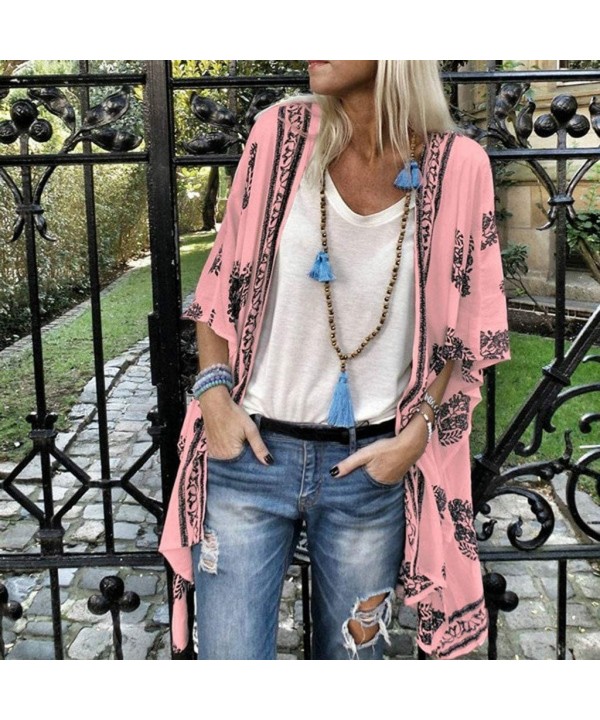 Womens Kimono Cardigan- Boho Loose Half Sleeve Cover Up Smock Tops Blouses - Pink - CY18TQH48S3 $15.15-Cover-Ups