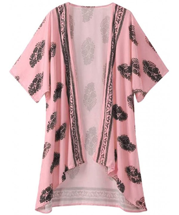 Womens Kimono Cardigan- Boho Loose Half Sleeve Cover Up Smock Tops Blouses - Pink - CY18TQH48S3 $15.15-Cover-Ups