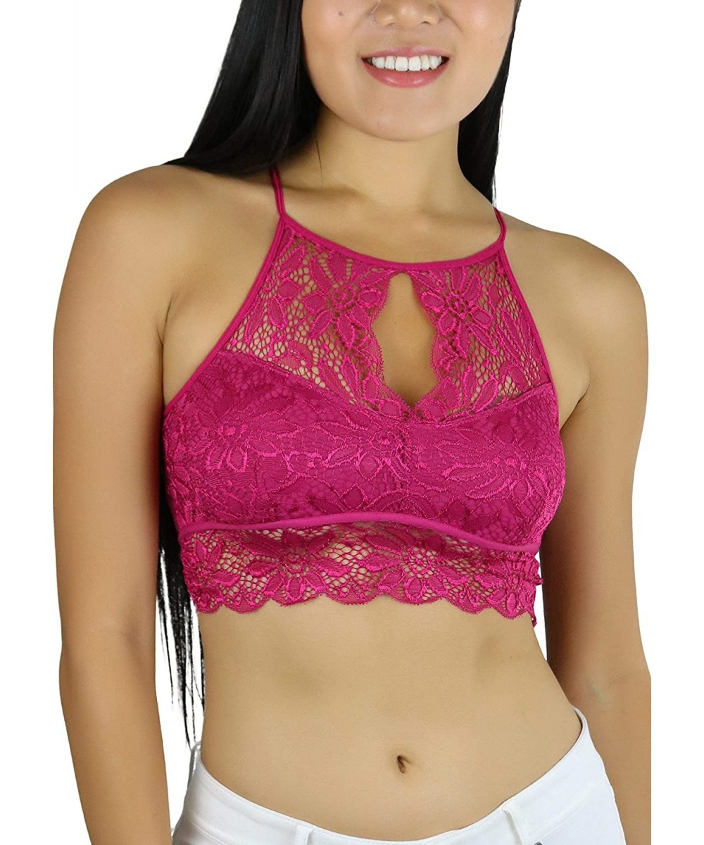 Women's Keyhole High Neck Stretch Lace Bralette with Lined Cups - Magenta - C818U4IRKG3 $8.20-Tops