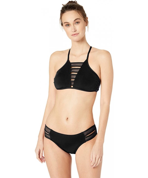 Women's Double Tab Side Sexy Bikini Swim Bottom - Solid Mesh Mix Black - CJ18KXMTTC3 $21.13-Tankinis