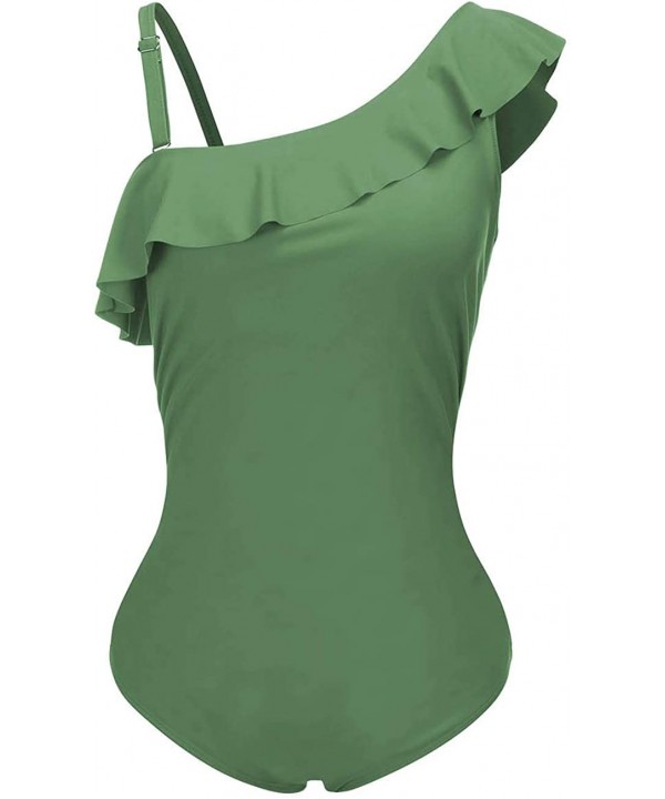 Women's One Shoulder Swimwear One Piece Bathing Suit Slim Fit Ruffle Plus Size Swimsuit - Army Green - CT18OA58O2I $20.82-One...