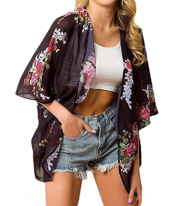 Women's Open-Front Flower Print Chiffon Boho Print Summer Cardigan Cover Ups - 2 - C7199K50SXA $19.69-Cover-Ups