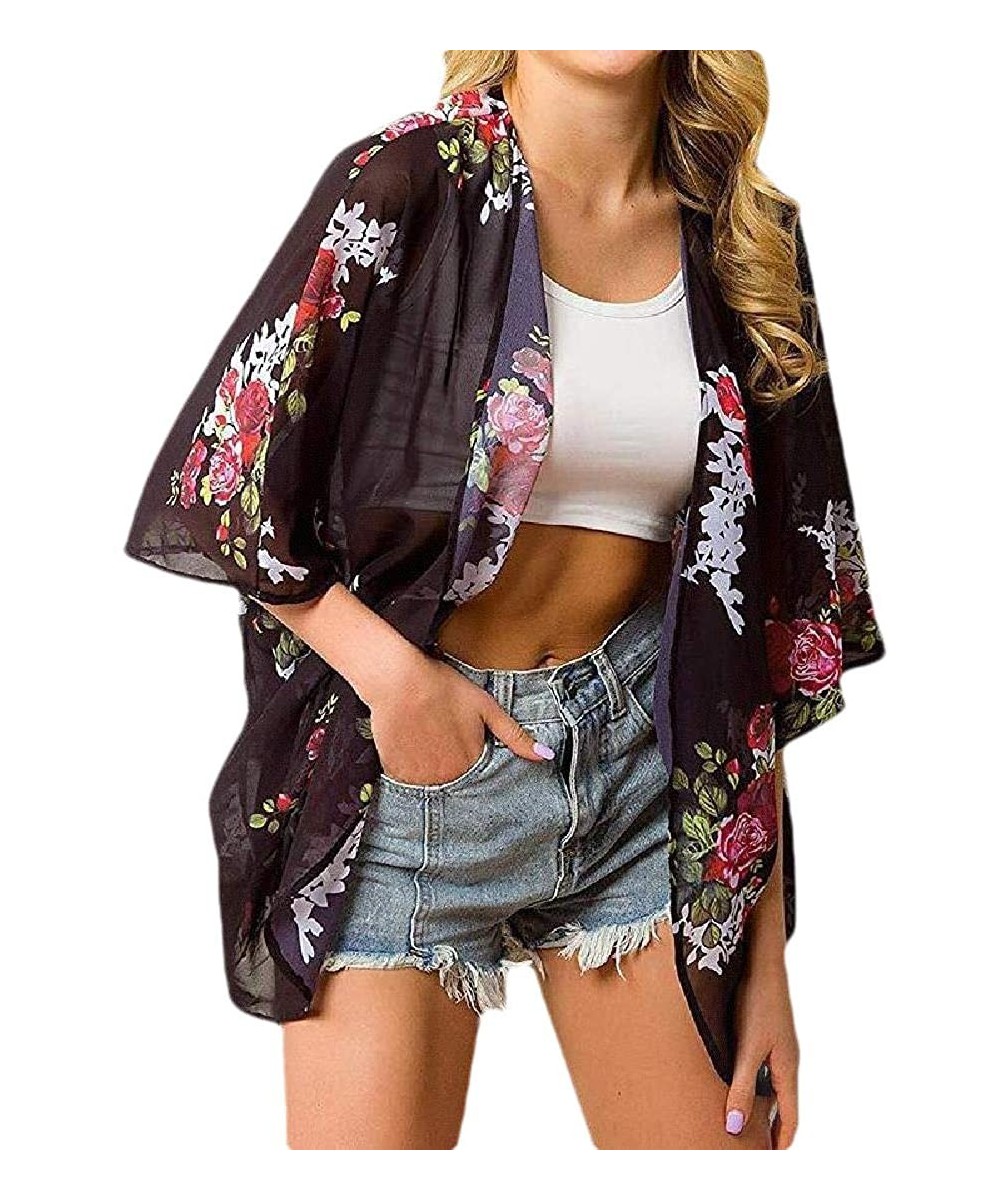 Women's Open-Front Flower Print Chiffon Boho Print Summer Cardigan Cover Ups - 2 - C7199K50SXA $19.69-Cover-Ups