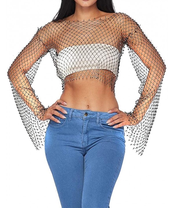 Women Sexy See Through Mesh Beach Bikni Swimsuit Sleeveless Cover up Rhinestone Crop Top Shirts - Black&05 - CF18YHCQ4IU $30....