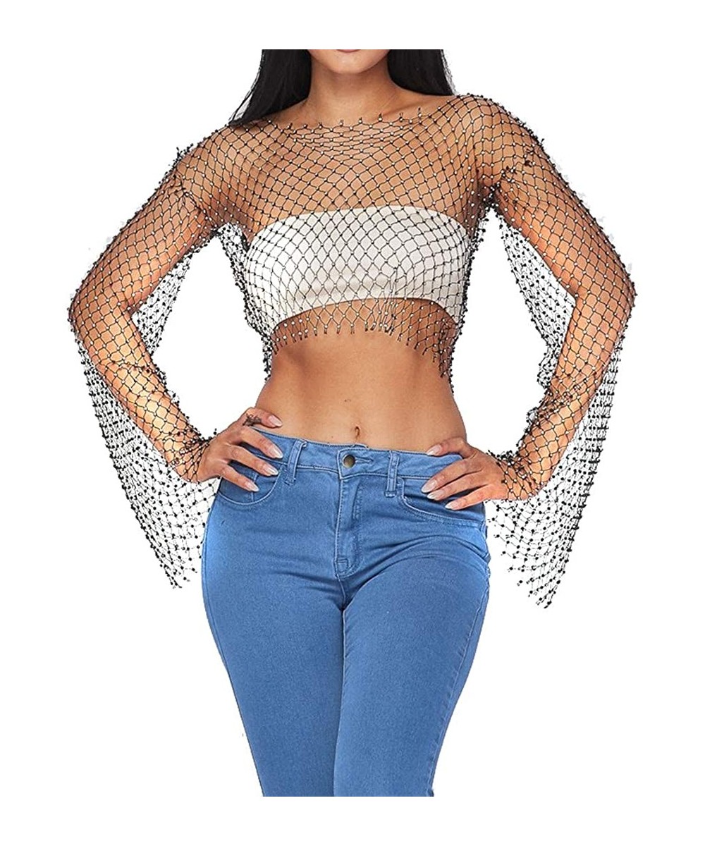 Women Sexy See Through Mesh Beach Bikni Swimsuit Sleeveless Cover up Rhinestone Crop Top Shirts - Black&05 - CF18YHCQ4IU $30....