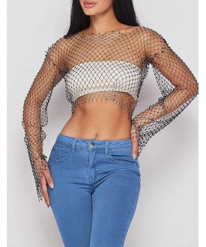 Women Sexy See Through Mesh Beach Bikni Swimsuit Sleeveless Cover up Rhinestone Crop Top Shirts - Black&05 - CF18YHCQ4IU $30....