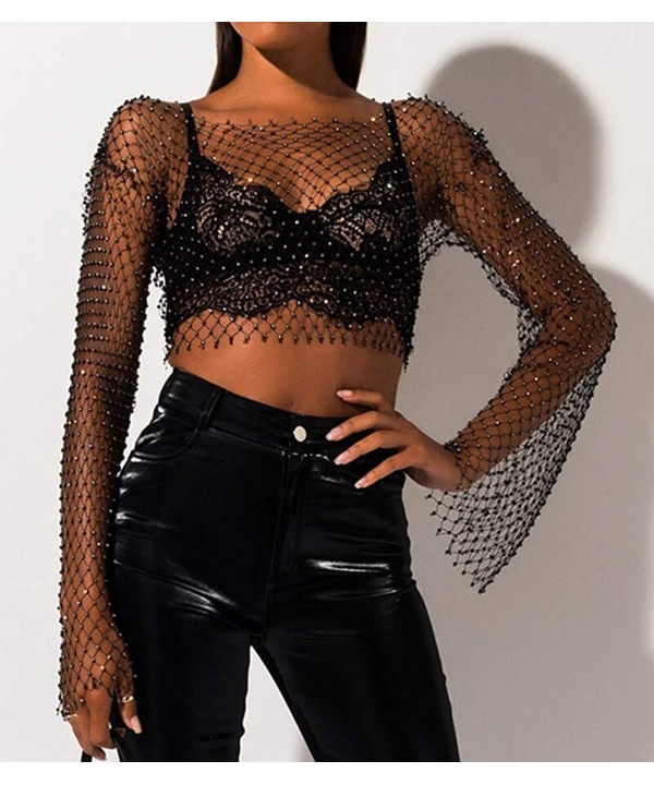 Women Sexy See Through Mesh Beach Bikni Swimsuit Sleeveless Cover up Rhinestone Crop Top Shirts - Black&05 - CF18YHCQ4IU $30....