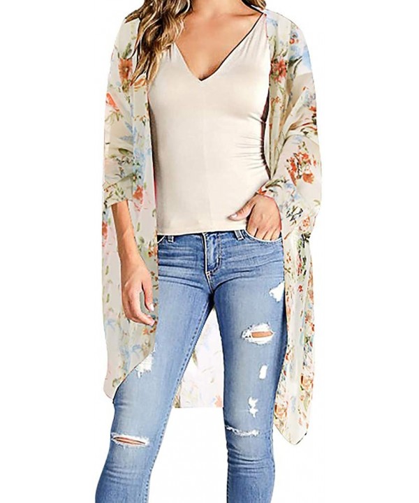 Womens Floral Long Kimono Cardigan Lotus Chiffon Coat Tops Cover Up Beach Smock - Orange 03 - CB19686K66Z $12.71-Cover-Ups