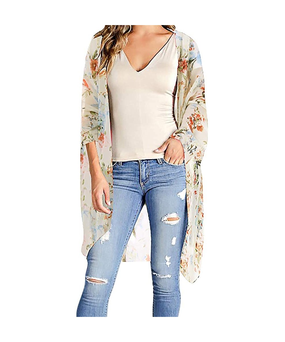 Womens Floral Long Kimono Cardigan Lotus Chiffon Coat Tops Cover Up Beach Smock - Orange 03 - CB19686K66Z $12.71-Cover-Ups