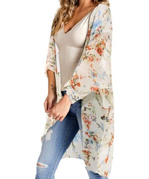 Womens Floral Long Kimono Cardigan Lotus Chiffon Coat Tops Cover Up Beach Smock - Orange 03 - CB19686K66Z $12.71-Cover-Ups