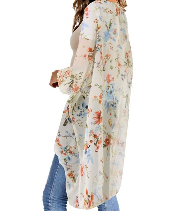 Womens Floral Long Kimono Cardigan Lotus Chiffon Coat Tops Cover Up Beach Smock - Orange 03 - CB19686K66Z $12.71-Cover-Ups