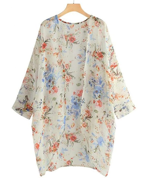 Womens Floral Long Kimono Cardigan Lotus Chiffon Coat Tops Cover Up Beach Smock - Orange 03 - CB19686K66Z $12.71-Cover-Ups