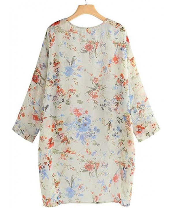 Womens Floral Long Kimono Cardigan Lotus Chiffon Coat Tops Cover Up Beach Smock - Orange 03 - CB19686K66Z $12.71-Cover-Ups