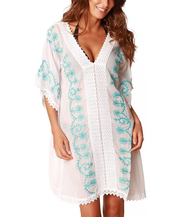 Embroidered Beach Cover Up - Turquoise - CA12G06HOZX $30.55-Cover-Ups