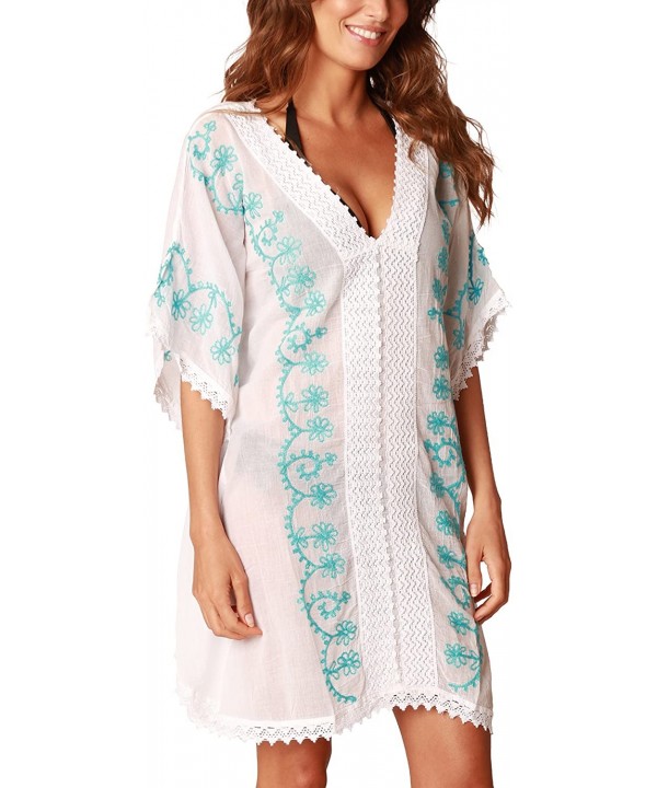 Embroidered Beach Cover Up - Turquoise - CA12G06HOZX $30.55-Cover-Ups