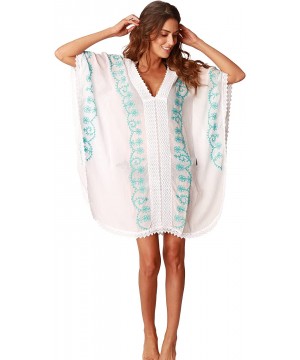 Embroidered Beach Cover Up - Turquoise - CA12G06HOZX $30.55-Cover-Ups