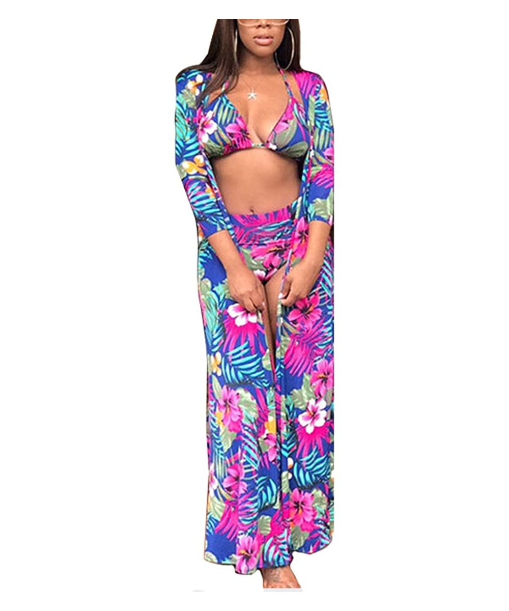 Women's Printed 3 Pieces High Waist Bikini Maxi Swimsuit Cover up - Red - CS190WN2307 $35.00-Cover-Ups