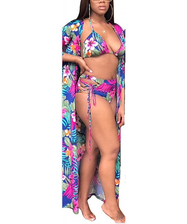 Women's Printed 3 Pieces High Waist Bikini Maxi Swimsuit Cover up - Red - CS190WN2307 $35.00-Cover-Ups