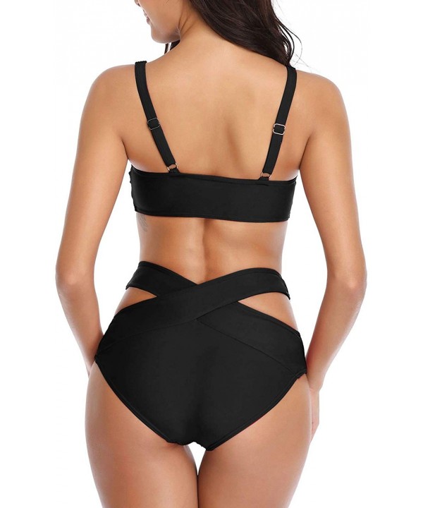 Women Bikini Set High Waist Two Piece Tie Knot Cutout Swimsuit Push Up Bathing Suits Bandage Bottom for Junior A black - C818...