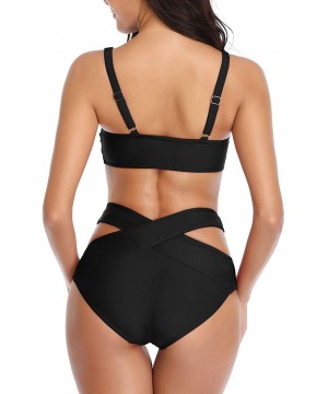 Women Bikini Set High Waist Two Piece Tie Knot Cutout Swimsuit Push Up Bathing Suits Bandage Bottom for Junior A black - C818...