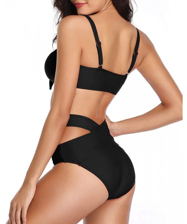 Women Bikini Set High Waist Two Piece Tie Knot Cutout Swimsuit Push Up Bathing Suits Bandage Bottom for Junior A black - C818...