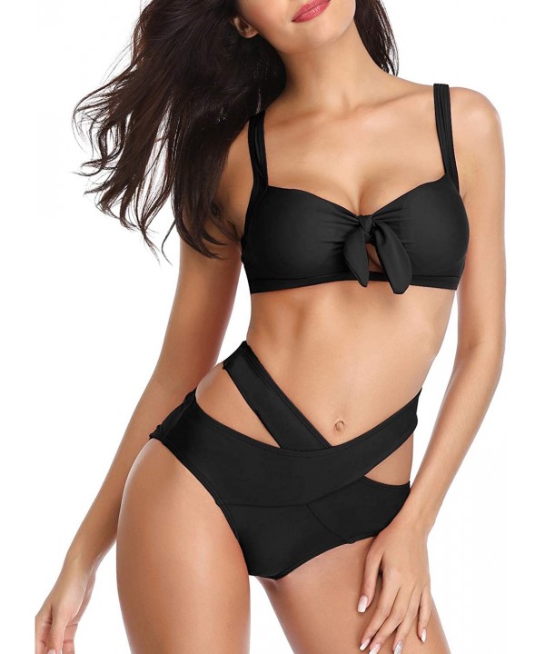 Women Bikini Set High Waist Two Piece Tie Knot Cutout Swimsuit Push Up Bathing Suits Bandage Bottom for Junior A black - C818...