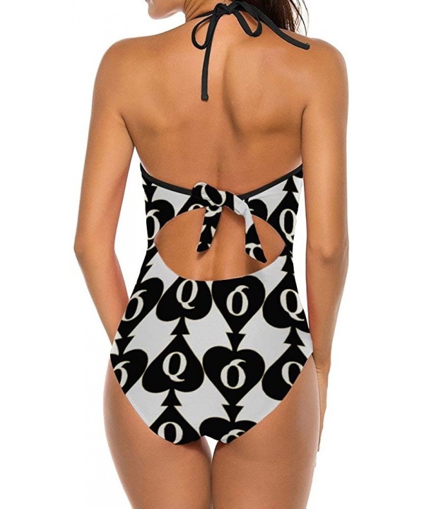 Women's One Piece Swimsuit Monokini U Neck Backness Swimwear Bathing Suit - Golden Queen of Spades Printed - C2190S73SCT $26....