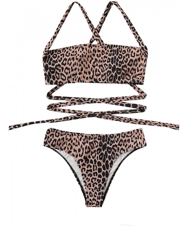 Women's Sexy Swimwear Criss Cross Leoprad Print Cheeky Bottom Bikini Set - Multi Color - CC194XK2MLD $21.51-Sets