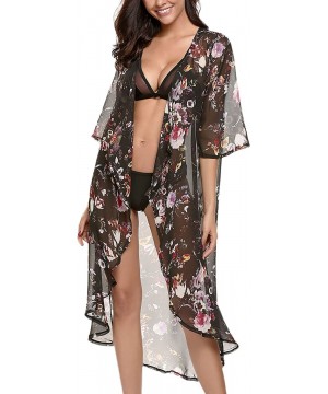 Women's Floral Chiffon Kimono Cardigan Blouse High Low Cover Up - Black - CS12NZ87GKR $20.48-Cover-Ups