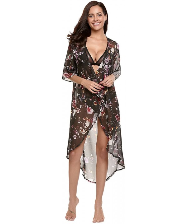 Women's Floral Chiffon Kimono Cardigan Blouse High Low Cover Up - Black - CS12NZ87GKR $20.48-Cover-Ups