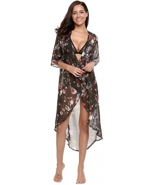 Women's Floral Chiffon Kimono Cardigan Blouse High Low Cover Up - Black - CS12NZ87GKR $20.48-Cover-Ups