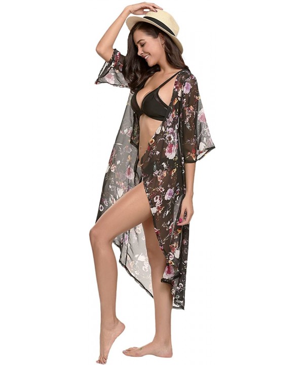 Women's Floral Chiffon Kimono Cardigan Blouse High Low Cover Up - Black - CS12NZ87GKR $20.48-Cover-Ups