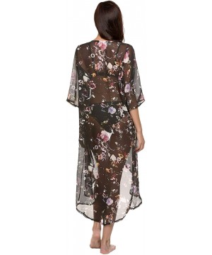 Women's Floral Chiffon Kimono Cardigan Blouse High Low Cover Up - Black - CS12NZ87GKR $20.48-Cover-Ups