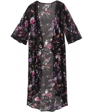 Women's Floral Chiffon Kimono Cardigan Blouse High Low Cover Up - Black - CS12NZ87GKR $20.48-Cover-Ups