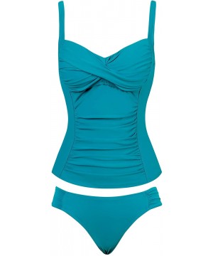 Womens Ruched Tankini Swimsuit Tummy Control Bathing Suit Twist Front Top & Hipster Botoom - Aqua Blue - C018T6MQIL5 $31.06-T...