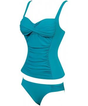 Womens Ruched Tankini Swimsuit Tummy Control Bathing Suit Twist Front Top & Hipster Botoom - Aqua Blue - C018T6MQIL5 $31.06-T...